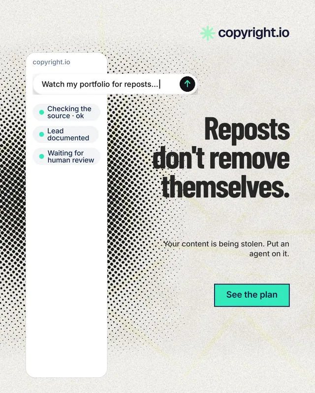 Instagram portrait post for copyright.io: "Reposts don't remove themselves." Ink sticker style, right layout, light palette in white, grey.