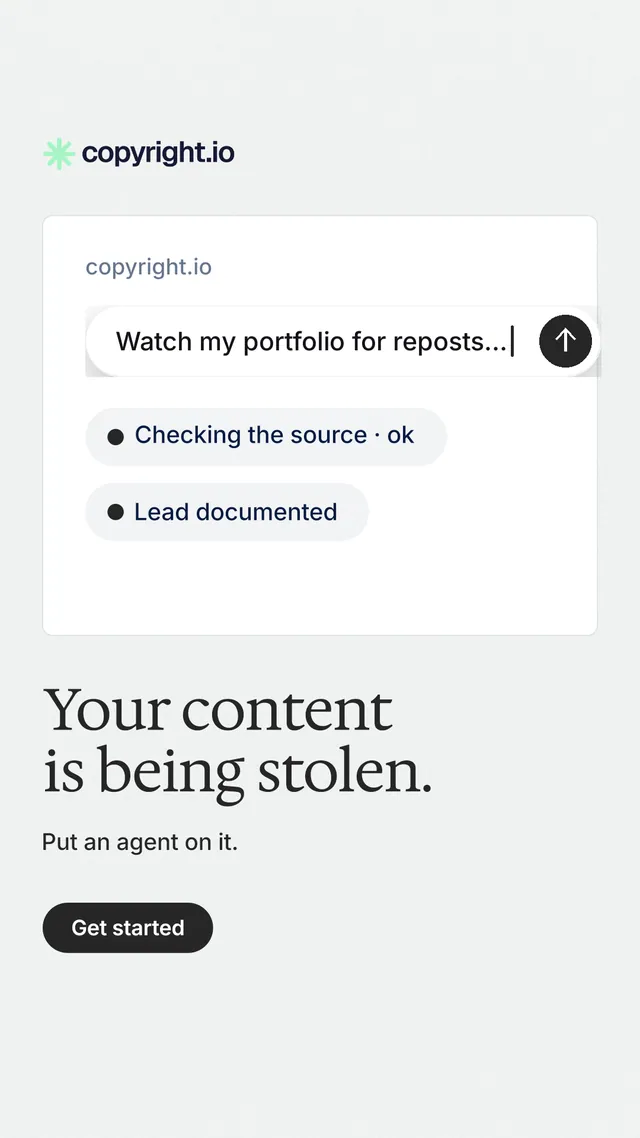 Instagram story for copyright.io: "Your content is being stolen." Data card style, bottom layout, light palette in white.