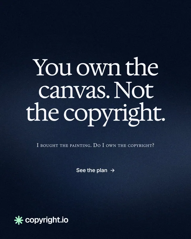 Instagram portrait post for copyright.io: "You own the canvas. Not the copyright." Swiss style, smallcaps layout, dark palette in blue, black.