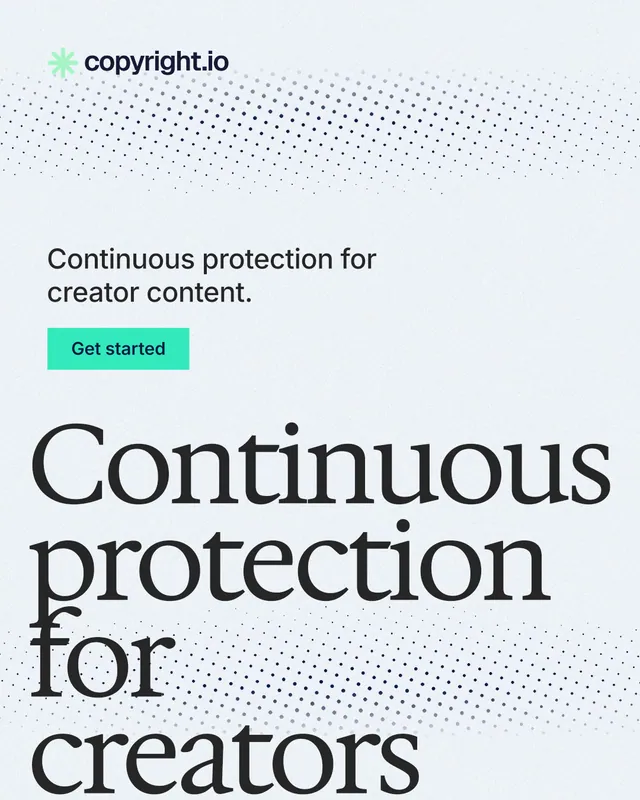 Instagram portrait post for copyright.io: "Continuous protection for creators." Swiss style, oversized layout, light palette in white, blue, grey.