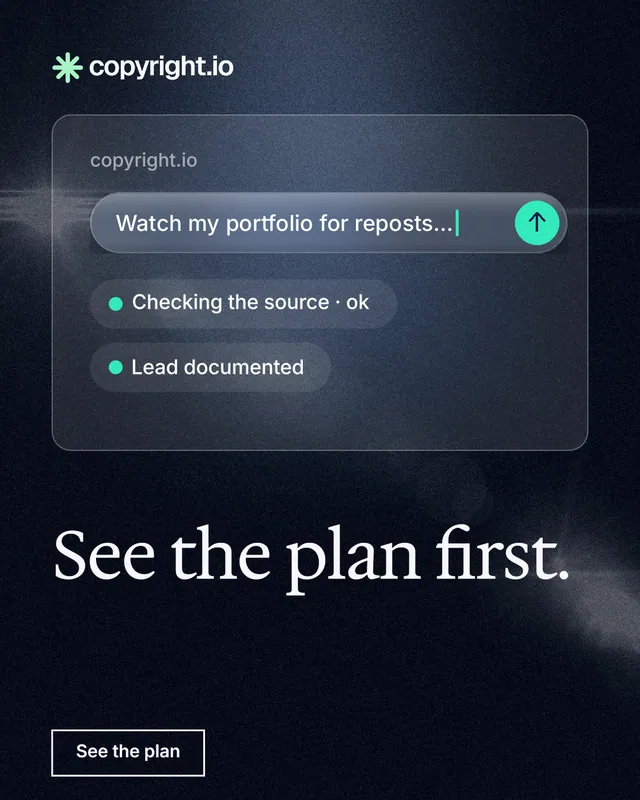 Instagram portrait post for copyright.io: "See the plan first." Dark deco style, bottom layout, dark palette in blue, grey, black.