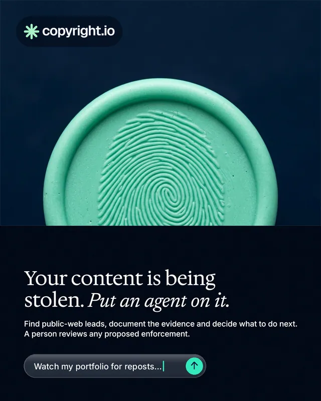 Instagram portrait post for copyright.io: "Your content is being stolen. Put an agent on it." Agentic glass style, bottom layout, dark palette in black, teal, blue.