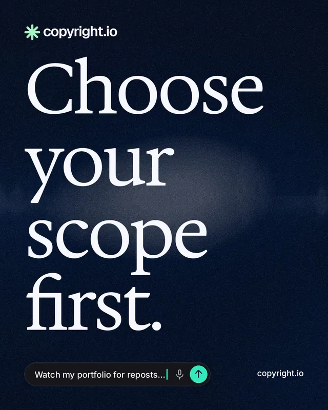 Instagram portrait post for copyright.io: "Choose your scope first." Thermal style, poster layout, dark palette in black, grey.