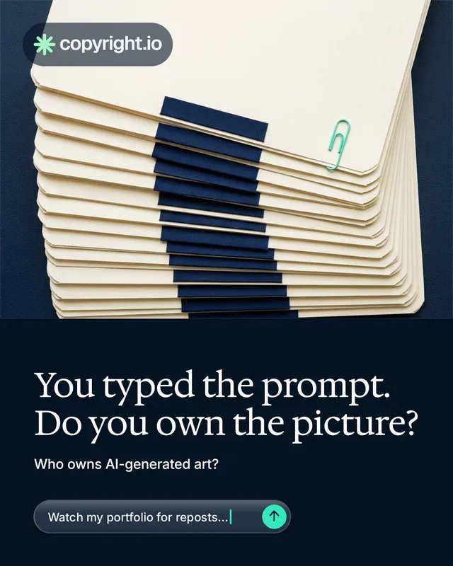 Instagram portrait post for copyright.io: "You typed the prompt. Do you own the picture?" Agentic glass style, bottom layout, dark palette in yellow, black, blue.