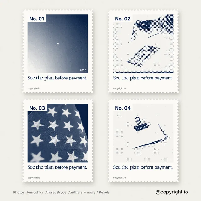 Instagram post for copyright.io: "See the plan before payment." Sheet style, technique:stamp series layout, light palette in white, grey.