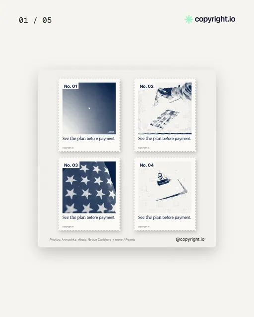 Video for copyright.io. Ad flipbook, 7.5 s, light palette.