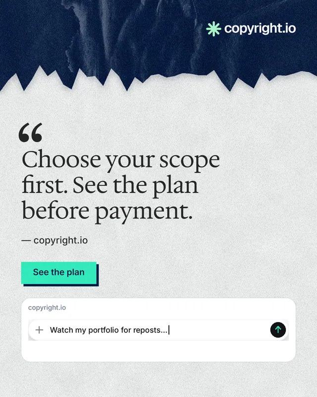 Instagram portrait post for copyright.io: "Choose your scope first. See the plan before payment." Paper trio style, quote layout, light palette in white, blue.