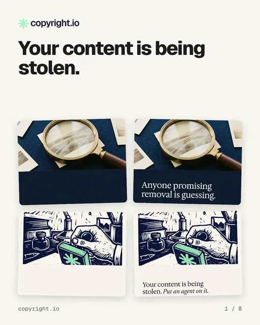 Carousel for copyright.io: "Your content is being stolen.". Collection carousel, 8 slides, light palette.