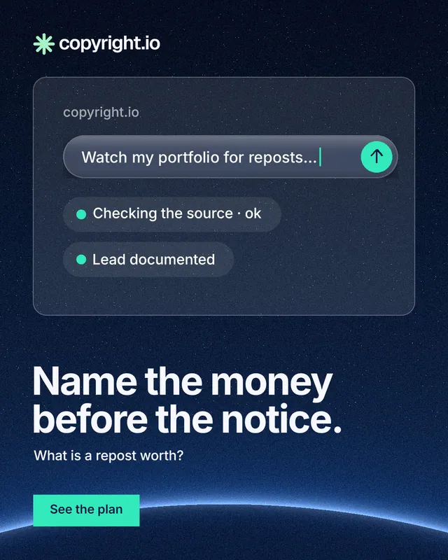 Instagram portrait post for copyright.io: "Name the money before the notice." Swiss style, bottom layout, dark palette in blue, black.