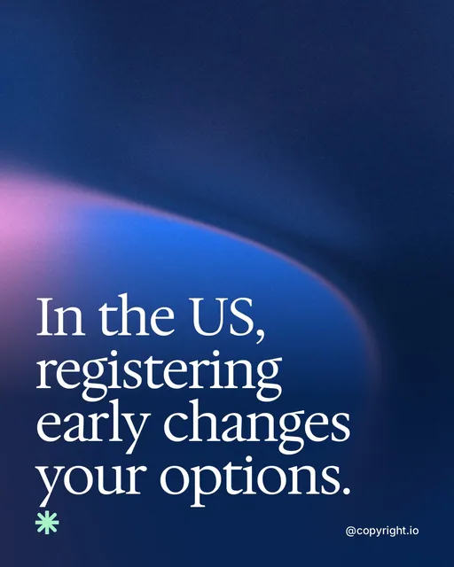 Video for copyright.io: "In the US, registering early changes your options.". Shader loop, 6.0 s, dark palette.