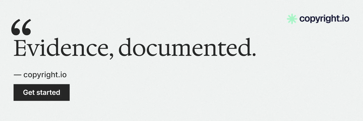 X header for copyright.io: "Evidence, documented." Swiss style, quote layout, light palette in white.
