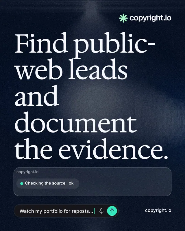 Instagram portrait post for copyright.io: "Find public-web leads and document the evidence." Thermal style, poster layout, dark palette in black, blue, grey.