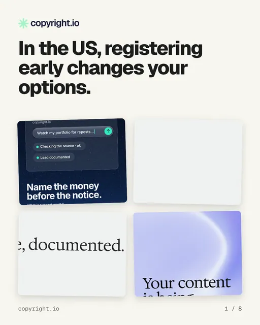 Carousel for copyright.io: "In the US, registering early changes your options.". Collection carousel, 8 slides, light palette.