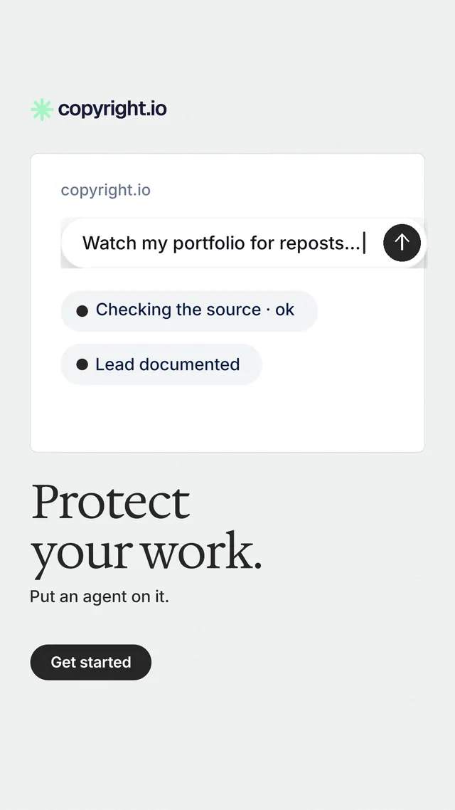 Instagram story for copyright.io: "Protect your work." Data card style, bottom layout, light palette in white.
