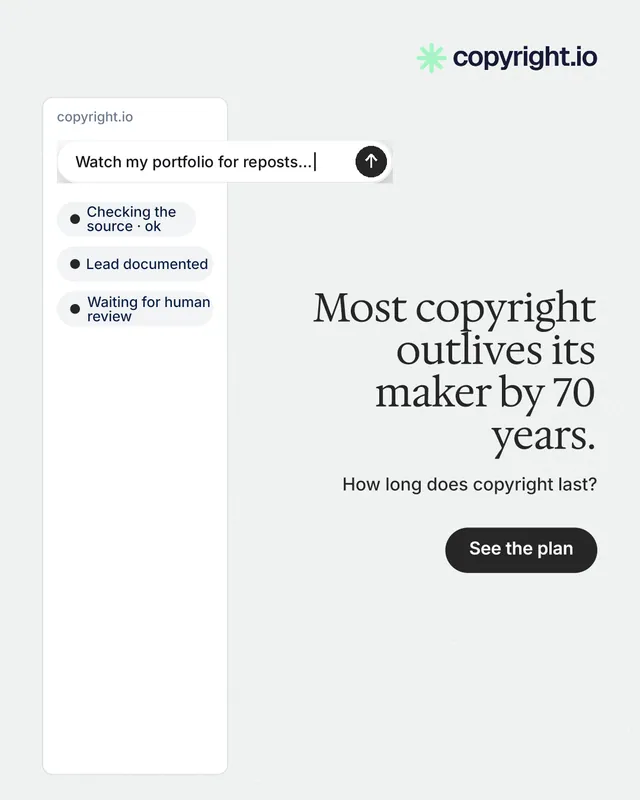 Instagram portrait post for copyright.io: "Most copyright outlives its maker by 70 years." Data card style, right layout, light palette in white.