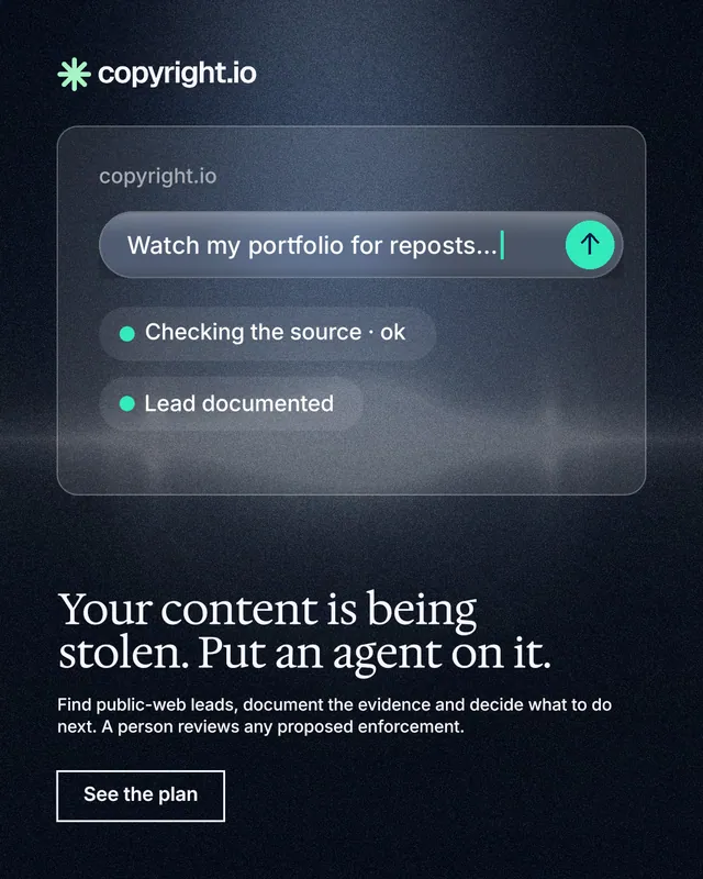 Instagram portrait post for copyright.io: "Your content is being stolen. Put an agent on it." Dark deco style, bottom layout, dark palette in black, blue, grey.