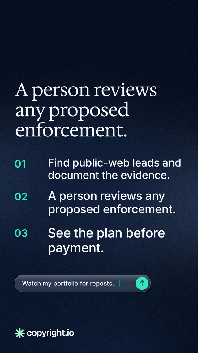 Instagram story for copyright.io: "A person reviews any proposed enforcement." Agentic glass style, numbered layout, dark palette in black, blue, grey.