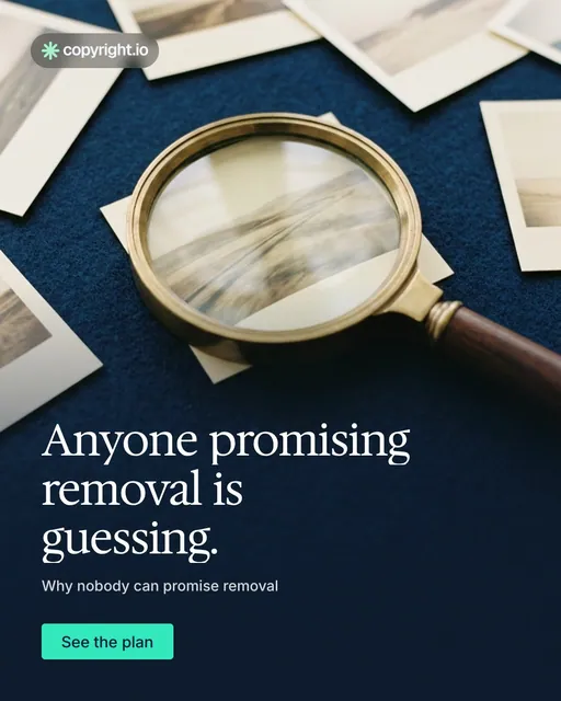 Video for copyright.io: "Anyone promising removal is guessing.". Doc motion loop, 8.0 s, dark palette.