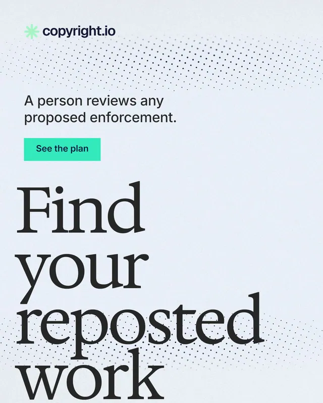 Instagram portrait post for copyright.io: "Find your reposted work." Swiss style, oversized layout, light palette in white, blue, grey.