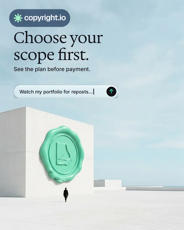 Instagram portrait post for copyright.io: "Choose your scope first." Agentic glass style, bottom layout, light palette in teal, grey, white.