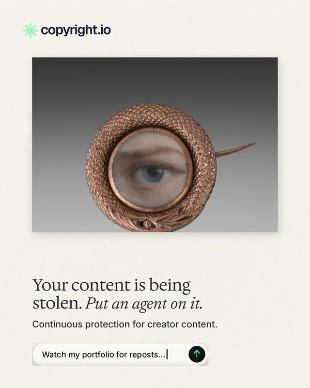 Instagram portrait post for copyright.io: "Your content is being stolen. Put an agent on it." Agentic glass style, bottom layout, light palette in grey, white.