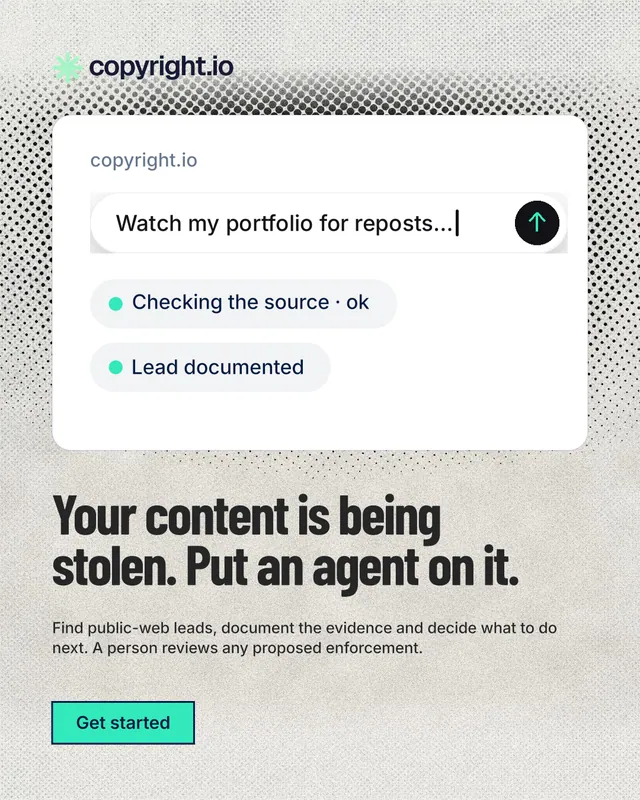 Instagram portrait post for copyright.io: "Your content is being stolen. Put an agent on it." Ink sticker style, bottom layout, light palette in white, grey.
