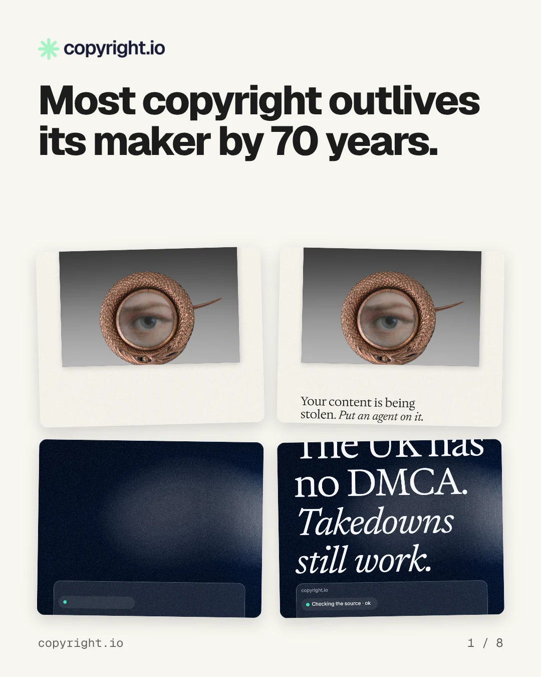 Carousel for copyright.io: "Most copyright outlives its maker by 70 years.". Collection carousel, 8 slides, light palette.