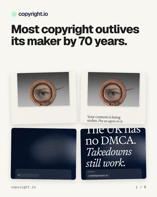 Carousel for copyright.io: "Most copyright outlives its maker by 70 years.". Collection carousel, 8 slides, light palette.