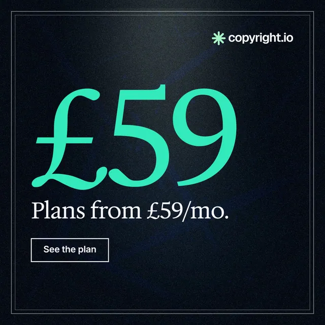 Instagram post for copyright.io: "Continuous protection for creators." Dark deco style, stat layout, dark palette in black, teal.