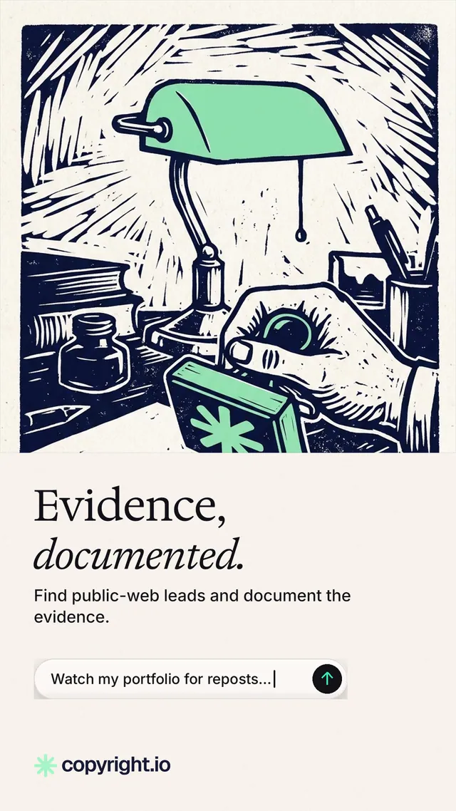 Instagram story for copyright.io: "Evidence, documented." Agentic glass style, bottom layout, light palette in white, grey.