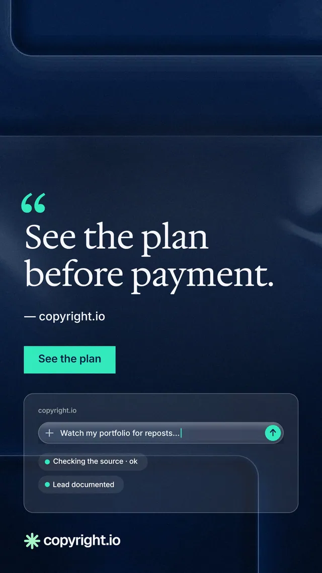 Instagram story for copyright.io: "See the plan before payment." Swiss style, quote layout, dark palette in blue, black.