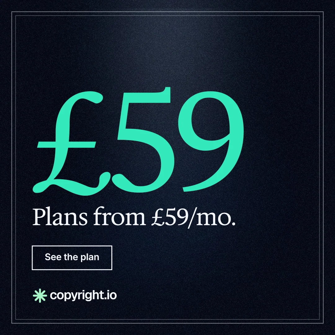 Instagram post for copyright.io: "Protect your work." Dark deco style, stat layout, dark palette in black, teal.