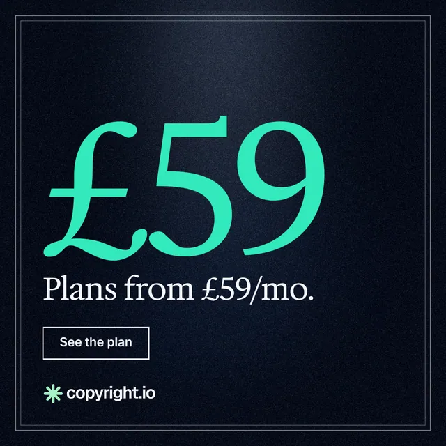 Instagram post for copyright.io: "Protect your work." Dark deco style, stat layout, dark palette in black, teal.