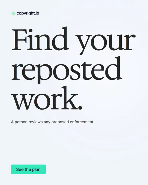 Video for copyright.io: "Find your reposted work.". Doc motion loop, 8.0 s, light palette.