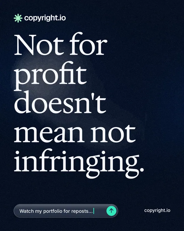 Instagram portrait post for copyright.io: "Not for profit doesn't mean not infringing." Thermal style, poster layout, dark palette in black, blue, grey.