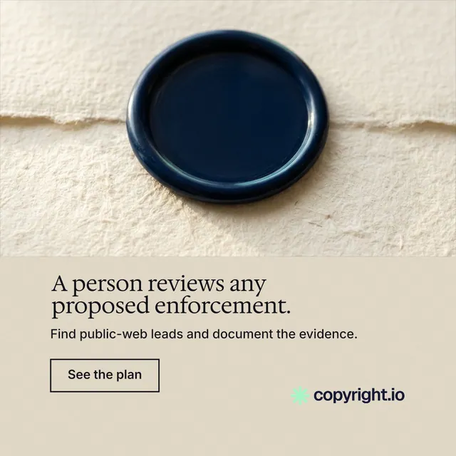 Instagram post for copyright.io: "A person reviews any proposed enforcement." Editorial style, bottom layout, light palette in orange, grey, yellow.