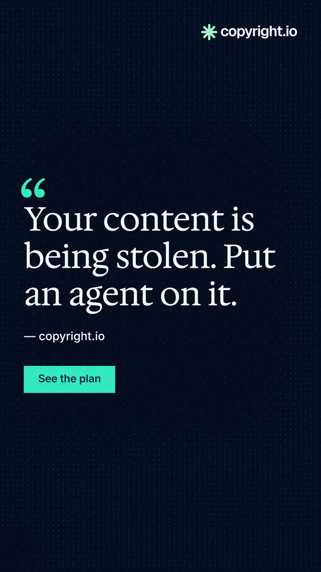 Instagram story for copyright.io: "Your content is being stolen. Put an agent on it." Swiss style, quote layout, dark palette in black, blue.