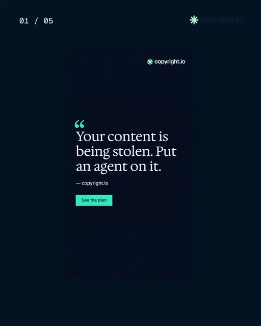 Video for copyright.io. Ad flipbook, 7.5 s, dark palette.