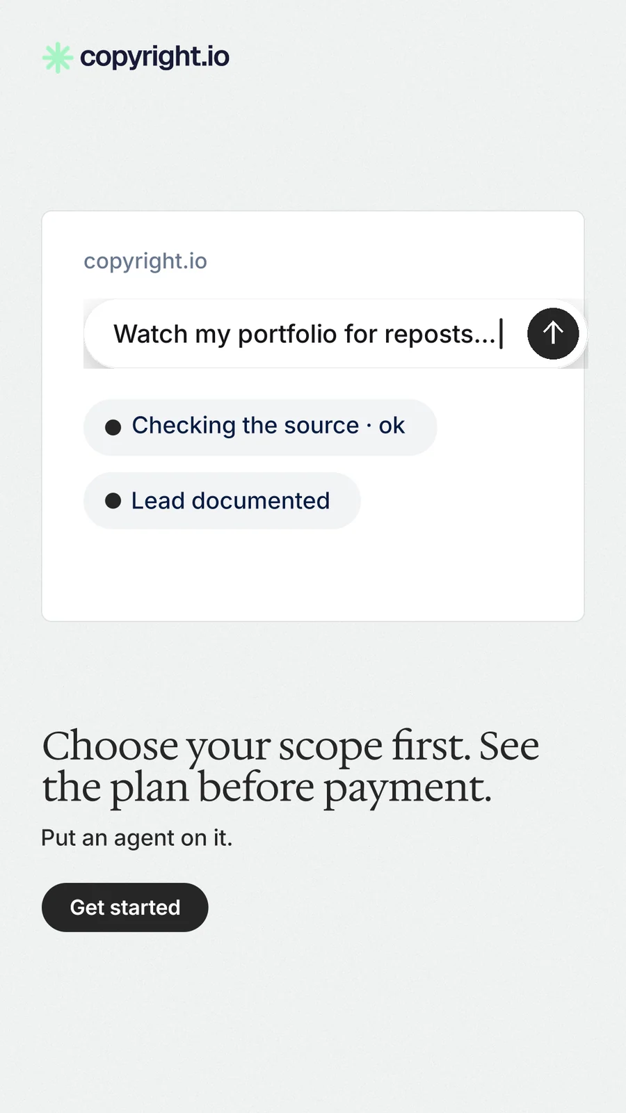 Instagram story for copyright.io: "Choose your scope first. See the plan before payment." Data card style, bottom layout, light palette in white.