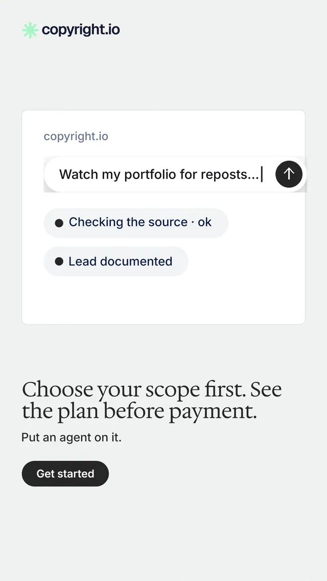Instagram story for copyright.io: "Choose your scope first. See the plan before payment." Data card style, bottom layout, light palette in white.