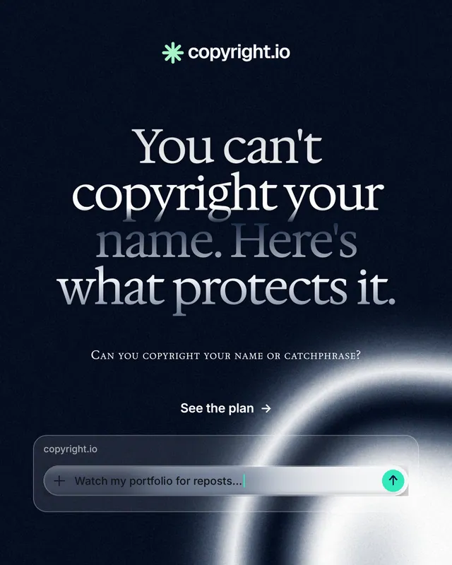Instagram portrait post for copyright.io: "You can't copyright your name. Here's what protects it." Swiss style, smallcaps layout, dark palette in black, blue, grey.
