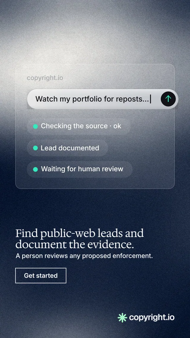 Instagram story for copyright.io: "Find public-web leads and document the evidence." Cyanotype style, bottom layout, dark palette in grey, blue.