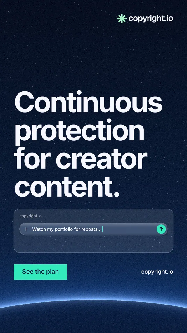 Instagram story for copyright.io: "Continuous protection for creator content." Swiss style, poster layout, dark palette in blue, black.