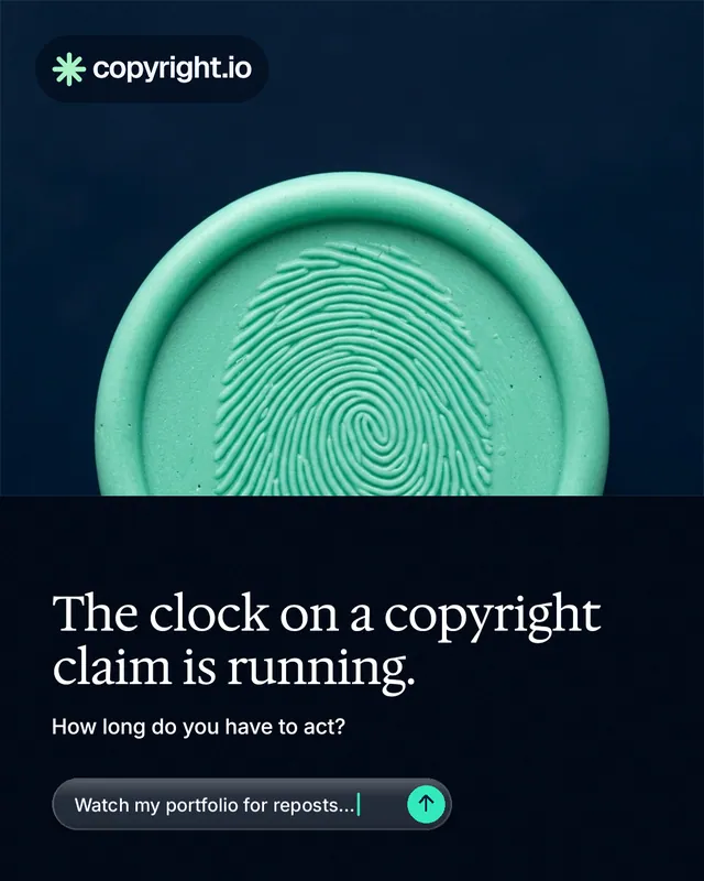 Instagram portrait post for copyright.io: "The clock on a copyright claim is running." Agentic glass style, bottom layout, dark palette in black, teal, blue.