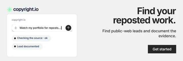 X header for copyright.io: "Find your reposted work." Swiss style, right layout, light palette in white, grey.