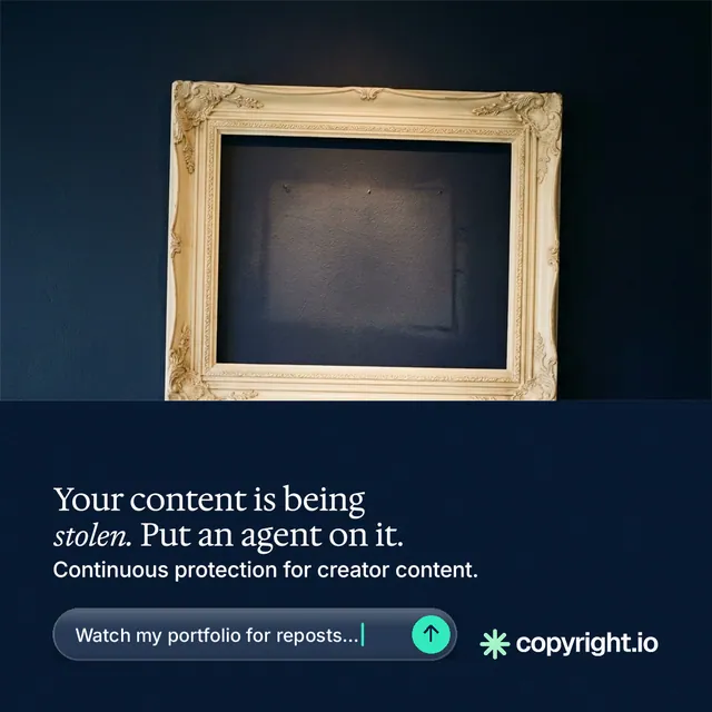 Instagram post for copyright.io: "Your content is being stolen. Put an agent on it." Agentic glass style, bottom layout, dark palette in black, blue, grey.