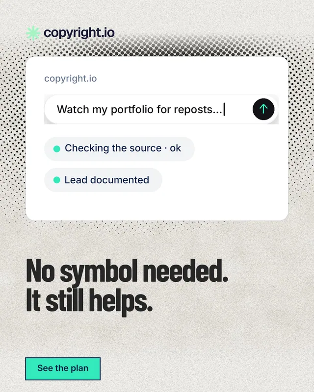 Instagram portrait post for copyright.io: "No symbol needed. It still helps." Ink sticker style, bottom layout, light palette in white, grey.