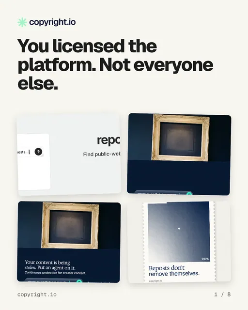 Carousel for copyright.io: "You licensed the platform. Not everyone else.". Collection carousel, 8 slides, light palette.