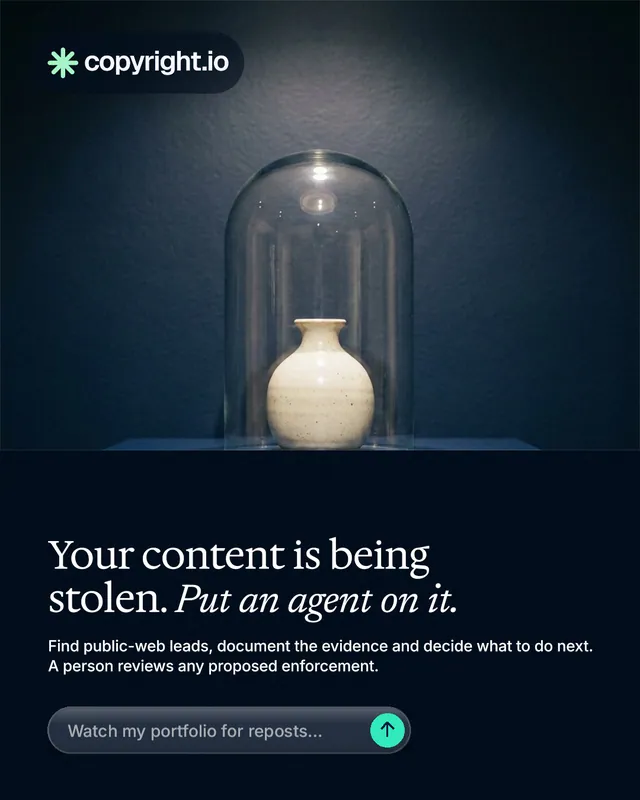 Instagram portrait post for copyright.io: "Your content is being stolen. Put an agent on it." Agentic glass style, bottom layout, dark palette in blue, black, grey.