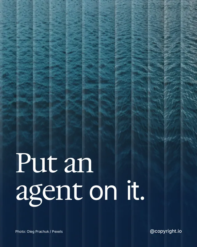 Instagram portrait post for copyright.io: "Put an agent on it." Photo style, technique:fluted glass layout, dark palette in blue.